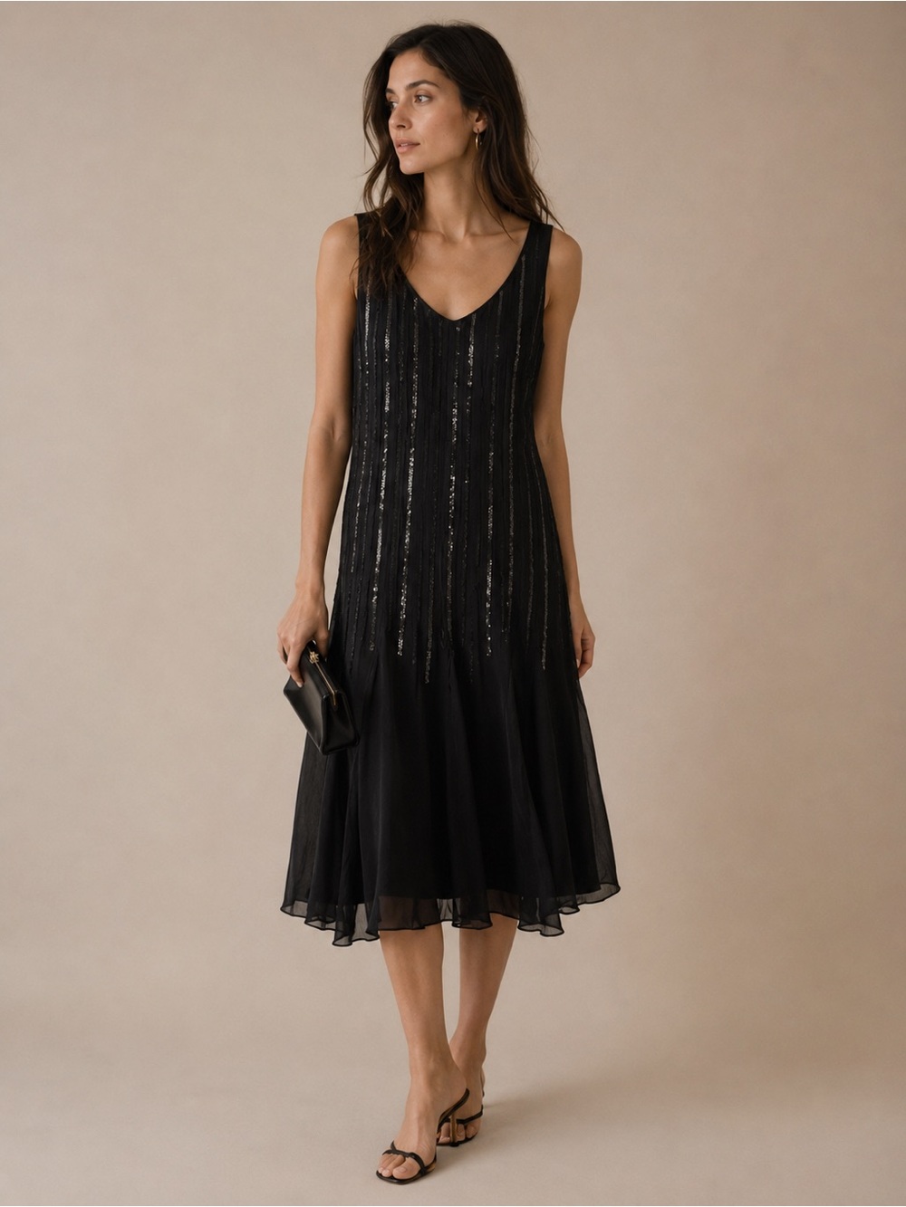 Talbots Black 100% Sleeveless Sequin-Striped V-Neck Midi Cocktail Dress Size 12